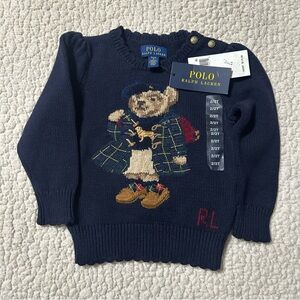 Polo Ralph Lauren Signature Bear Logo Blue Cotton Sweater Baby Girl 2/2T NWT
